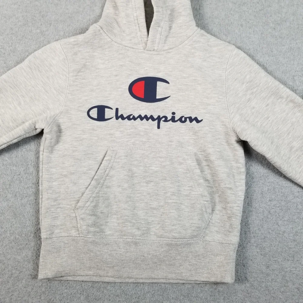 Champion Hoodie Kids 5 6 Gray Script Logo Spellout Pullover Sweatshirt Casual